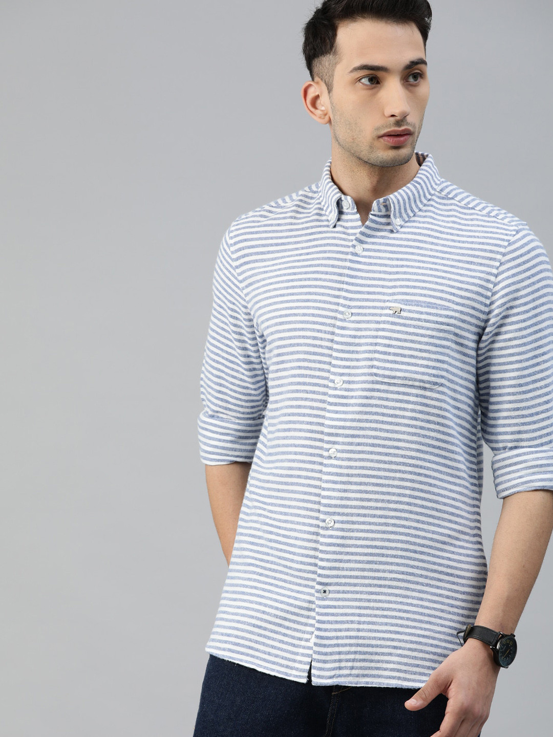 

THE BEAR HOUSE Men Blue Slim Fit Horizontal Stripes Striped Casual Shirt