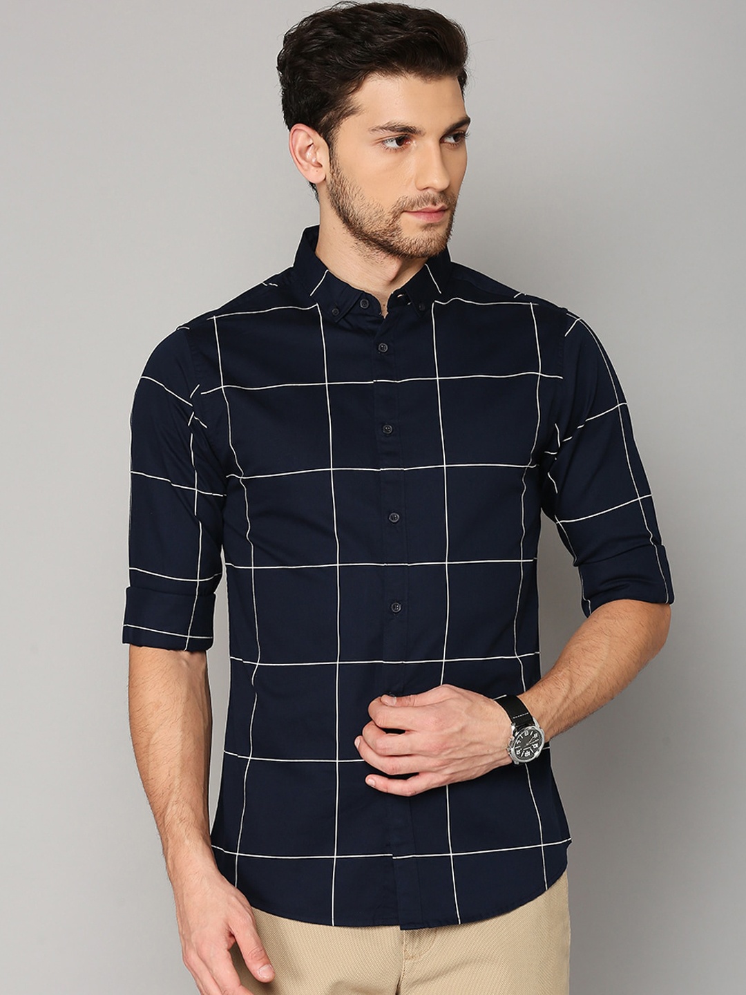 

Dennis Lingo Men Navy Blue Slim Fit Windowpane Checked Pure Cotton Casual Shirt