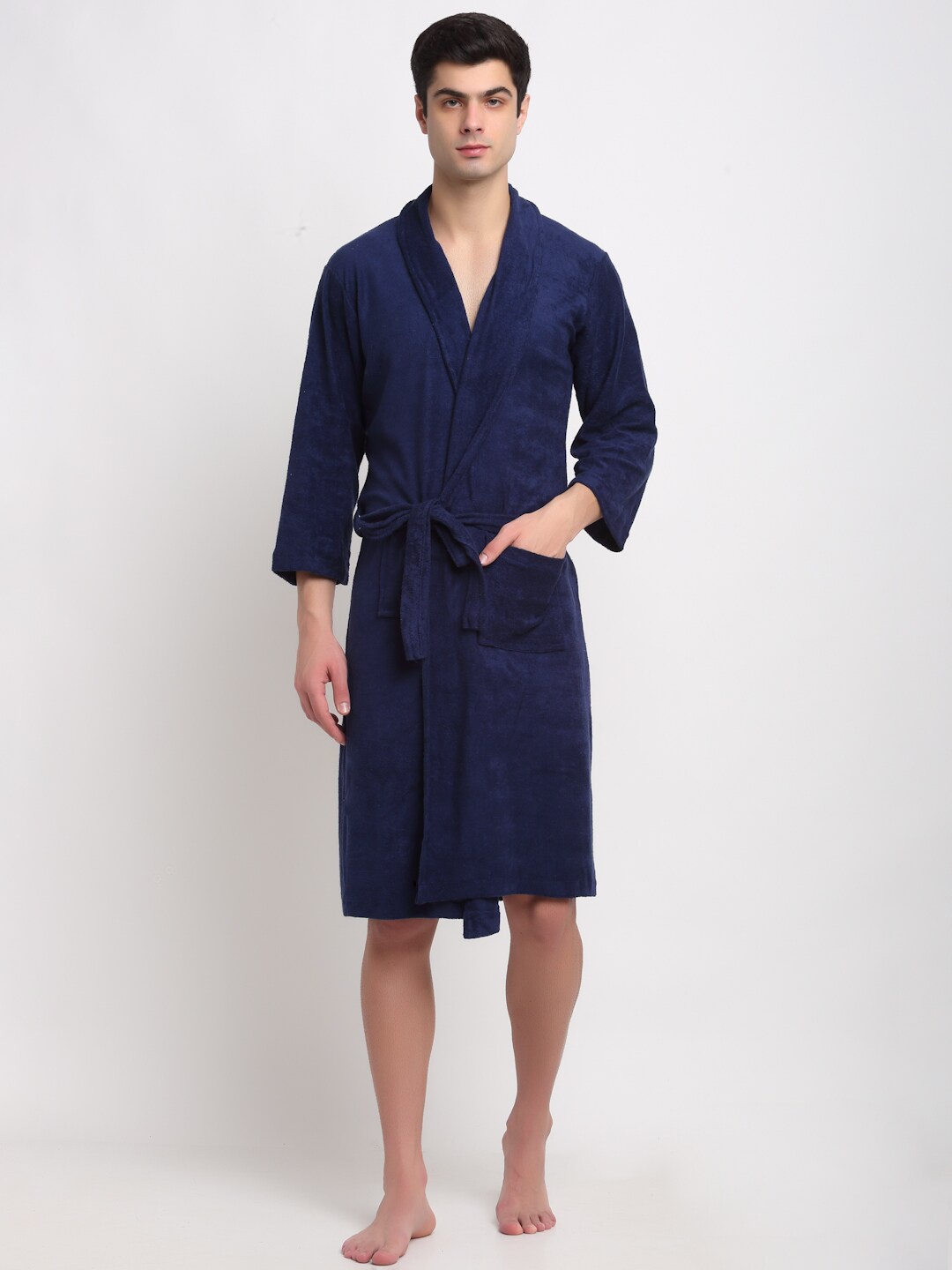 

ELEVANTO Men Navy Blue Solid Pure Cotton 180 GSM Bath Robe