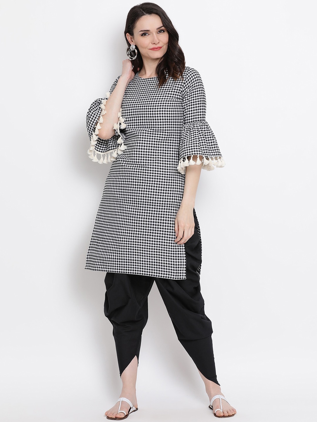 

FABNEST Women Black Checked Bell Sleeves Tasseled Handloom Kurta