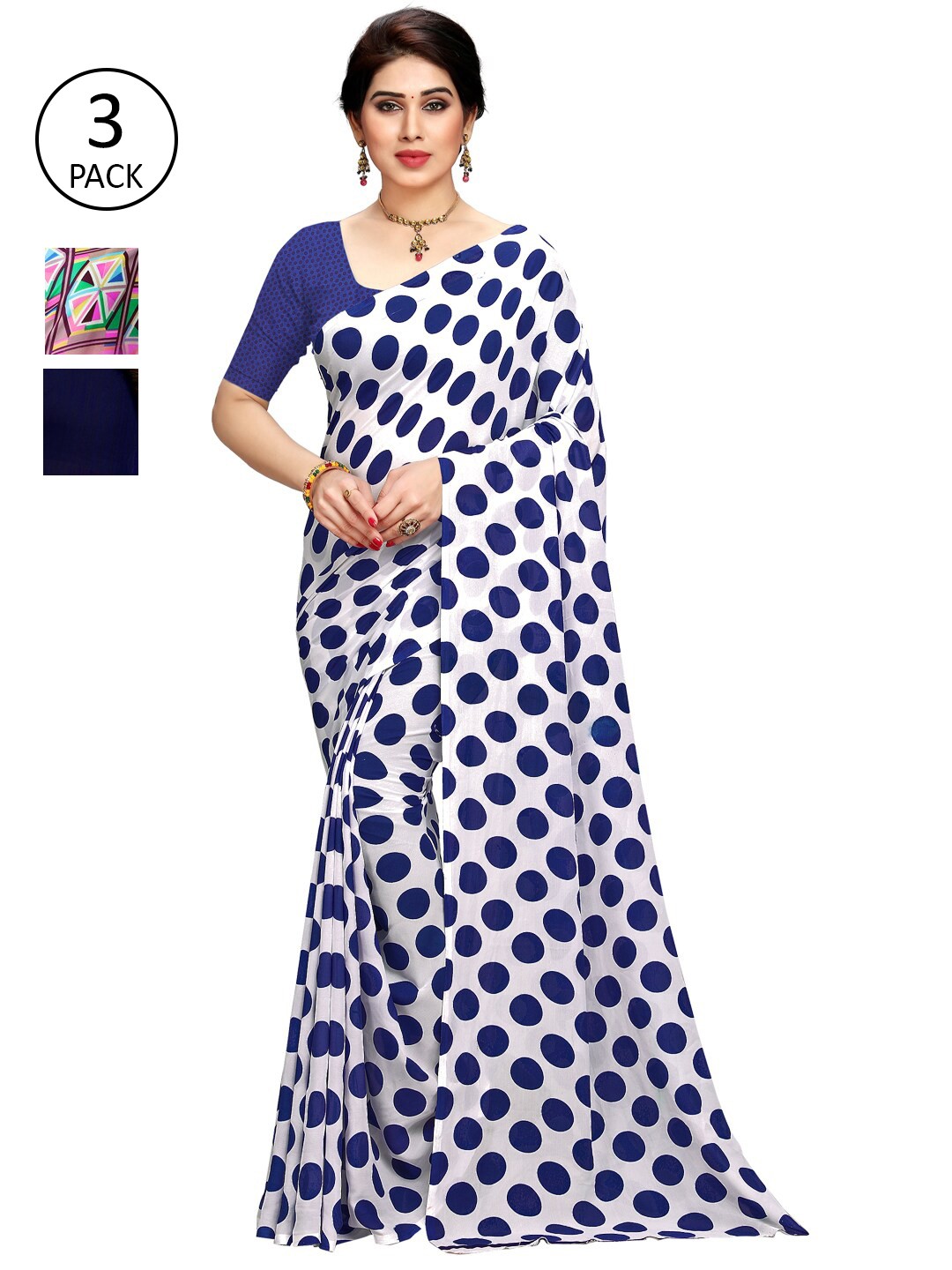 

KALINI Pack Of 3 White & Blue Poly Georgette Saree