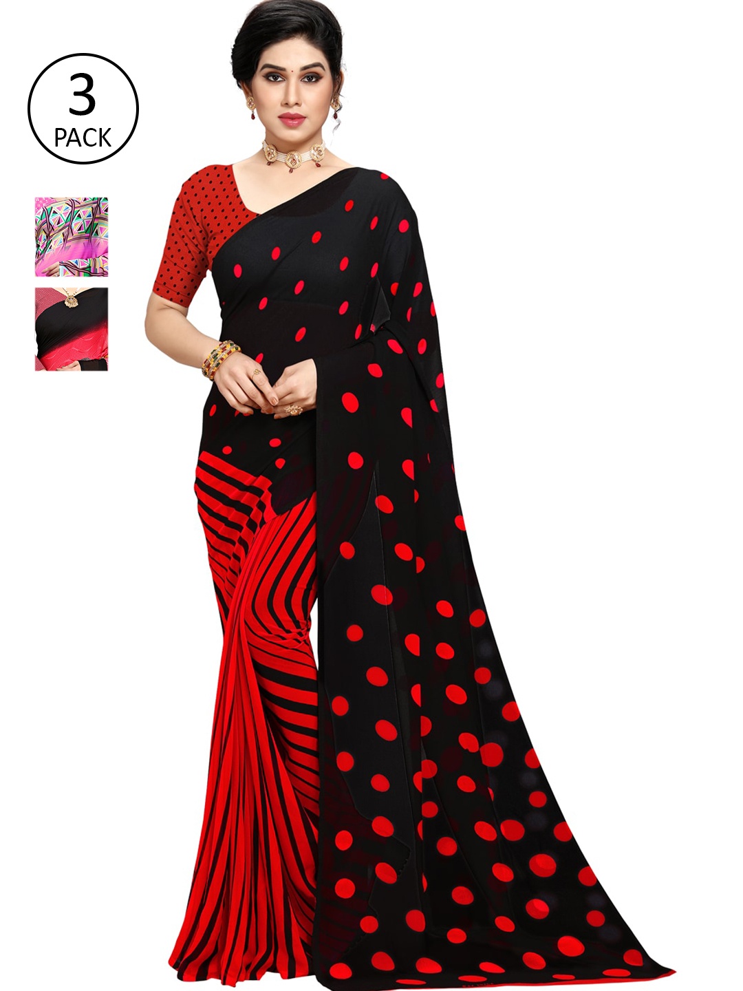 

KALINI Pink & Black Pack of 3 Printed Sarees