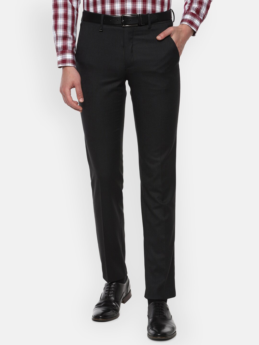 Van Heusen Men Grey Self-Design Slim Fit Formal Trousers