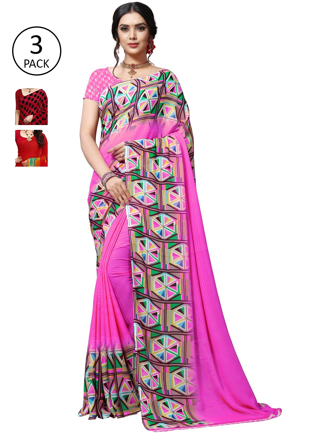 

KALINI Pink & Red Pack of 3 Printed Sarees