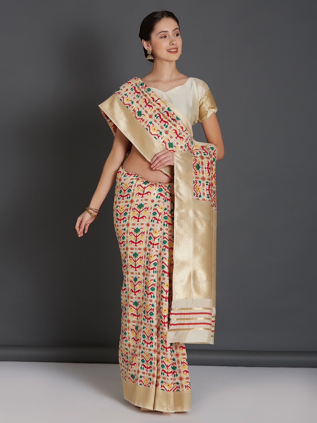 

Mitera Cream & Red Woven Design Silk Blend Banarasi Saree