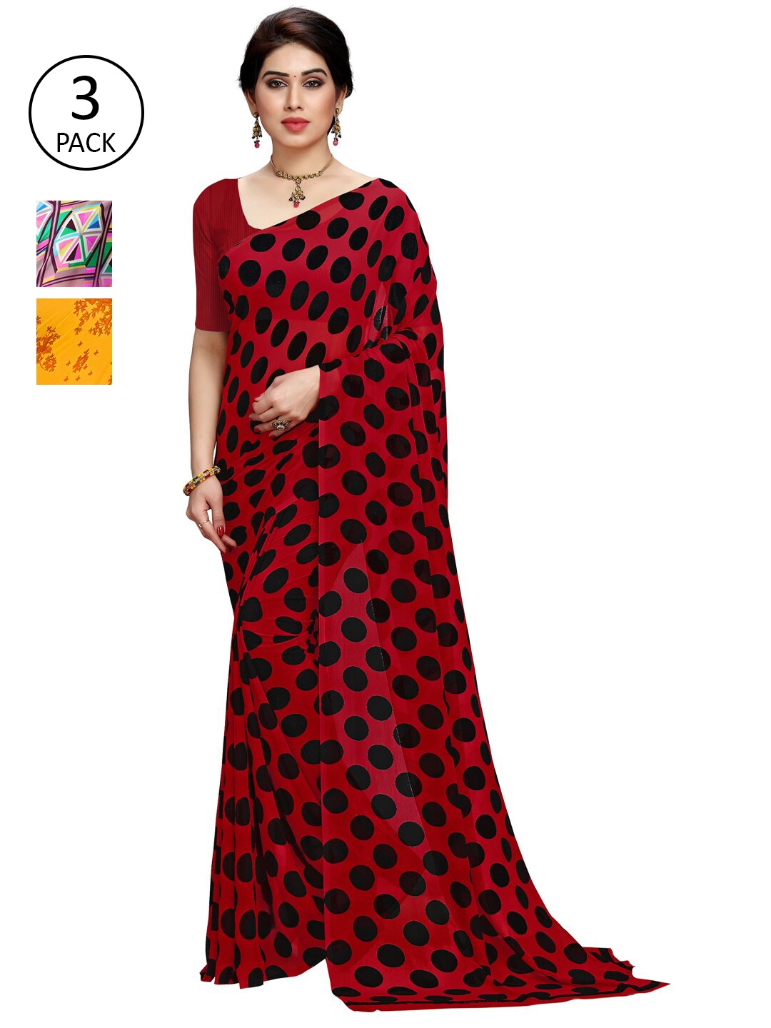 

KALINI Pack of 3 Floral Poly Georgette Saree, Maroon