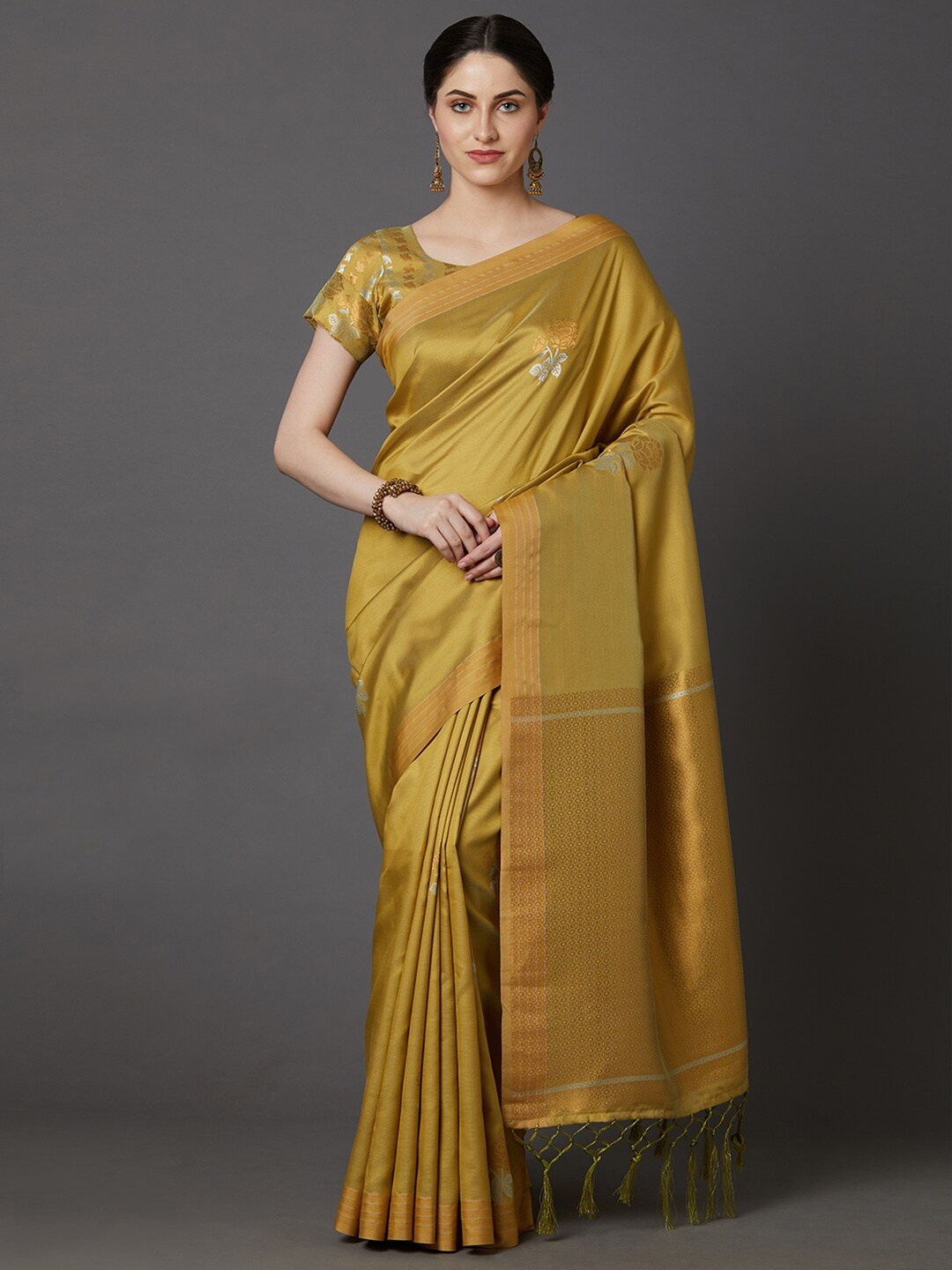 

Mitera Mustard & Silver-Toned Floral Zari Silk Blend Dharmavaram Saree