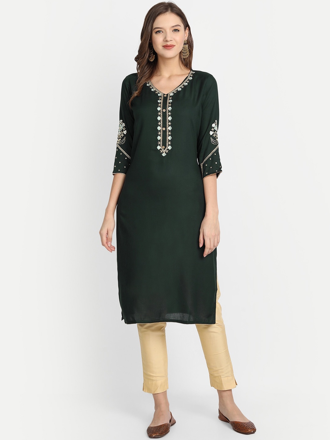

Anubhutee Women Green Embroidered Thread Work Kurta