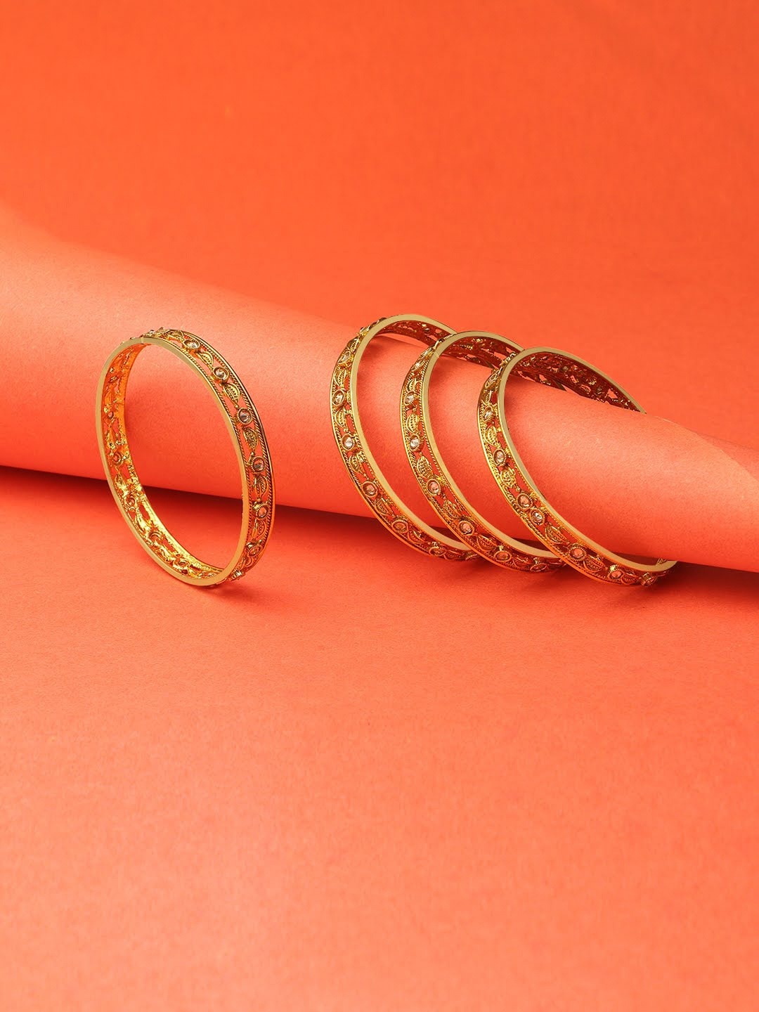 

Adwitiya Collection Set Of 4 24CT Gold-Plated White Stone-Studded Handcrafted Bangles