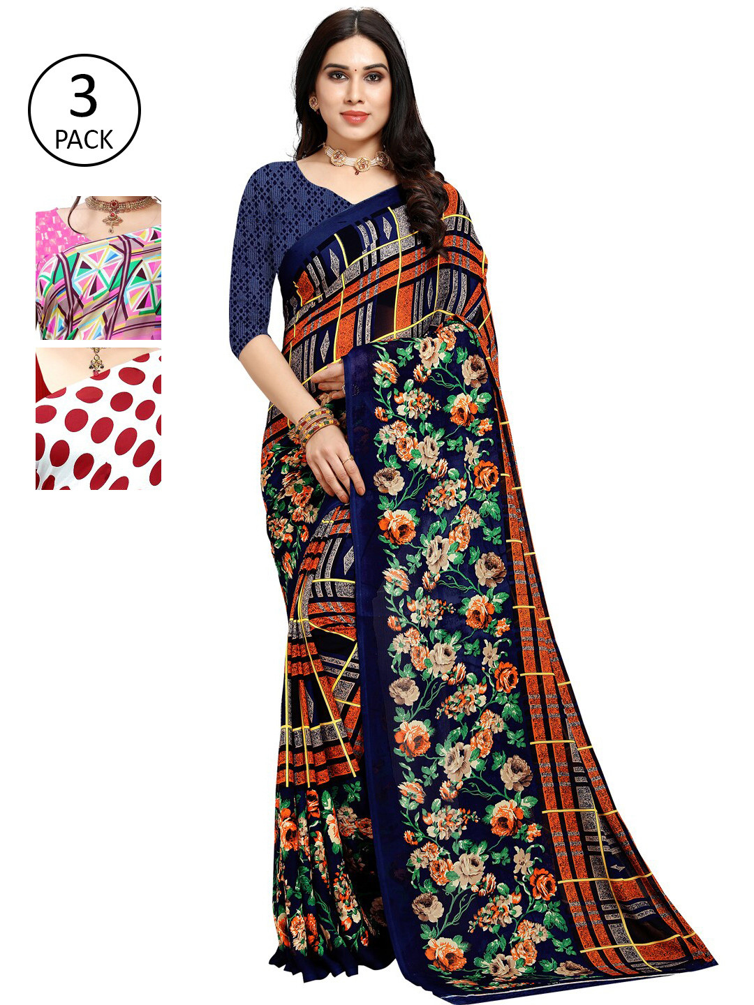 

KALINI Pack of 3 Printed Sarees, Pink