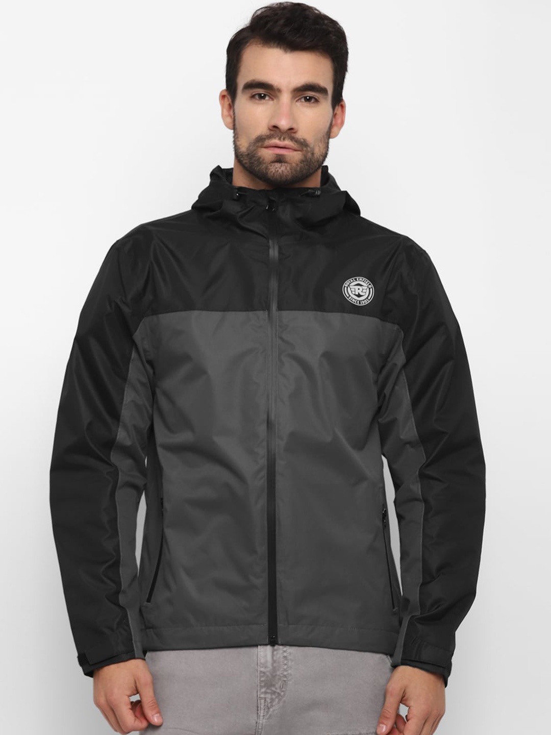 

Royal Enfield Men Grey & Black Colorblocked Rain Jacket
