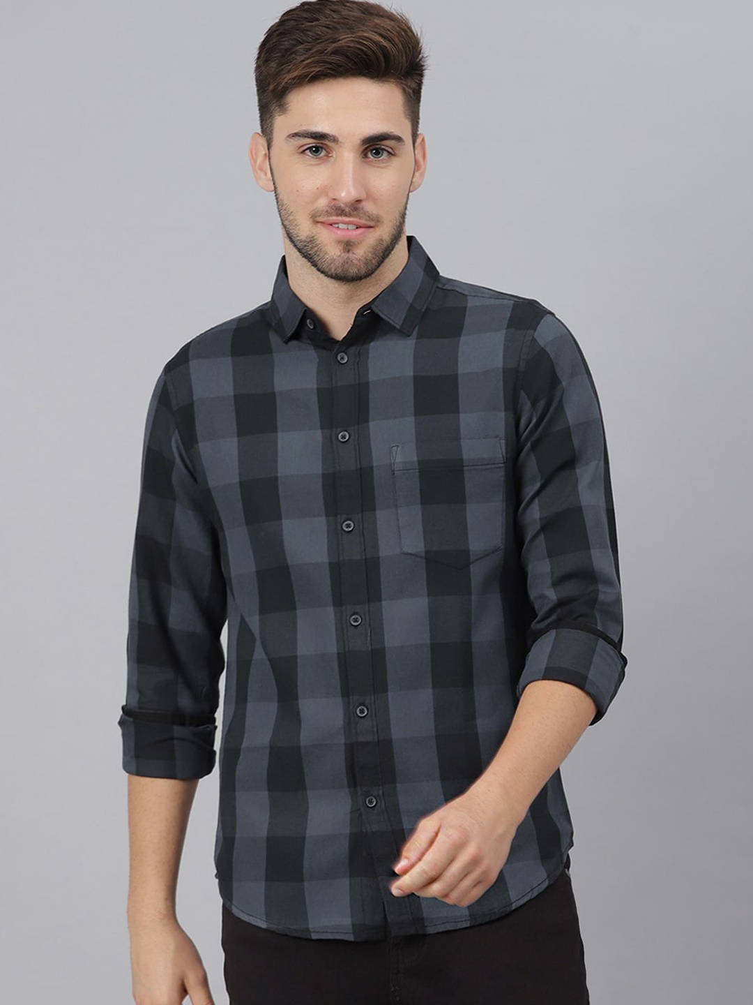 

Dennis Lingo Men Grey Slim Fit Buffalo Checked Pure Cotton Casual Shirt