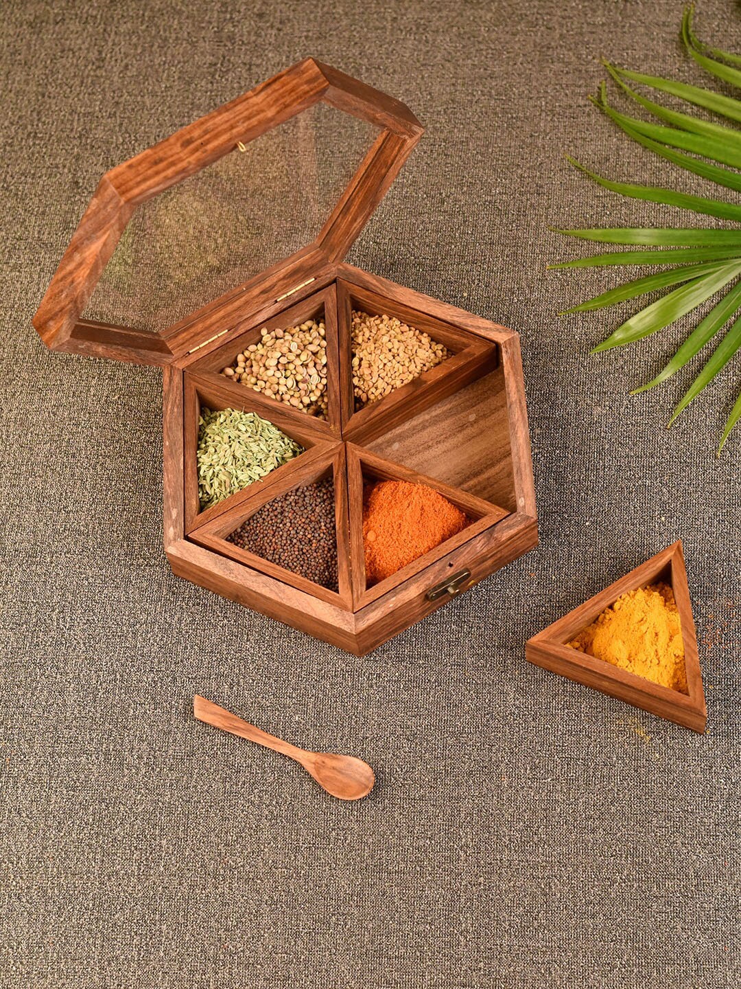 Unravel India Brown Hand-Crafted Sheesham Wood Spice Box With Spoon