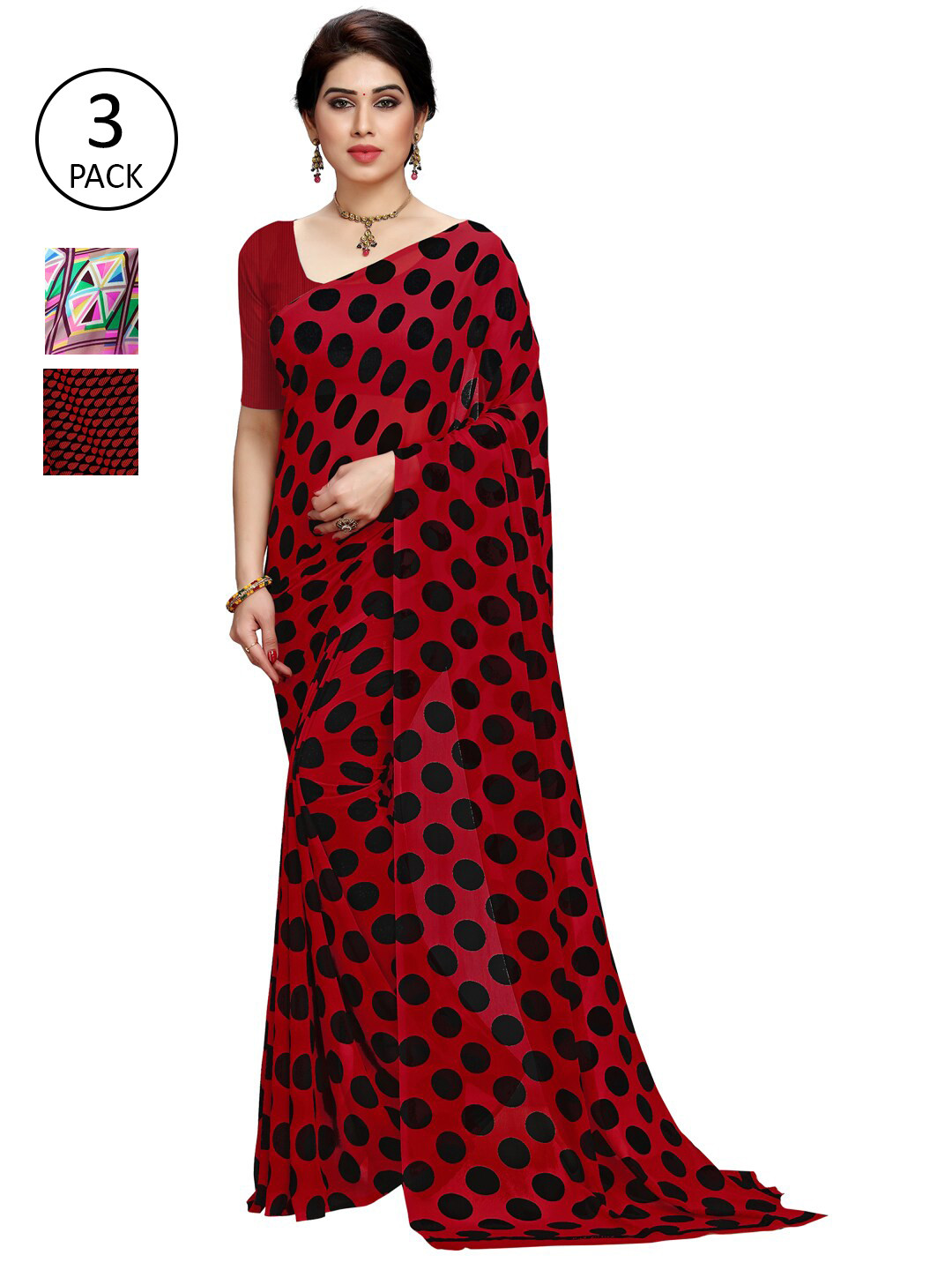 

KALINI Pack of 3 Poly Georgette Saree, Red