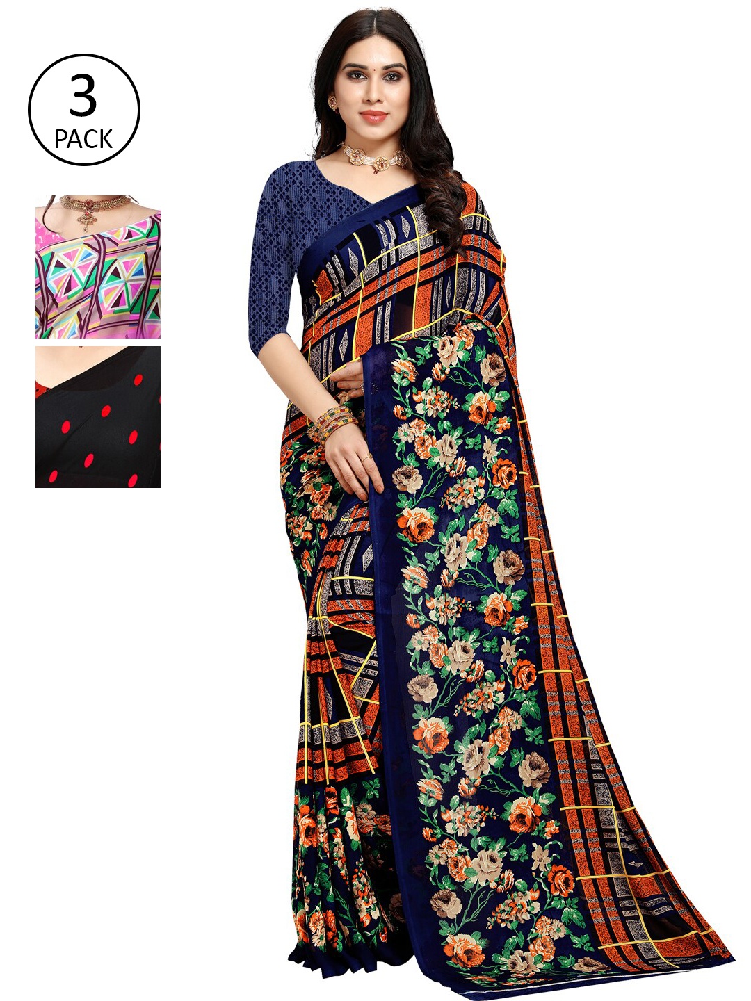 

KALINI Multicoloured Set of 3 Poly Georgette Saree, Multi