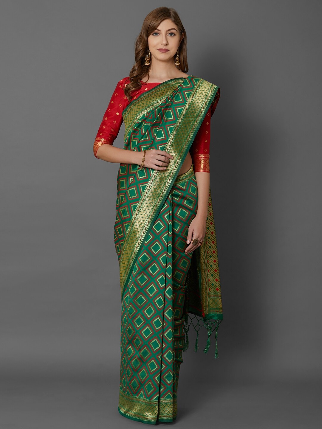 

Mitera Green & Red Zari Silk Blend Saree