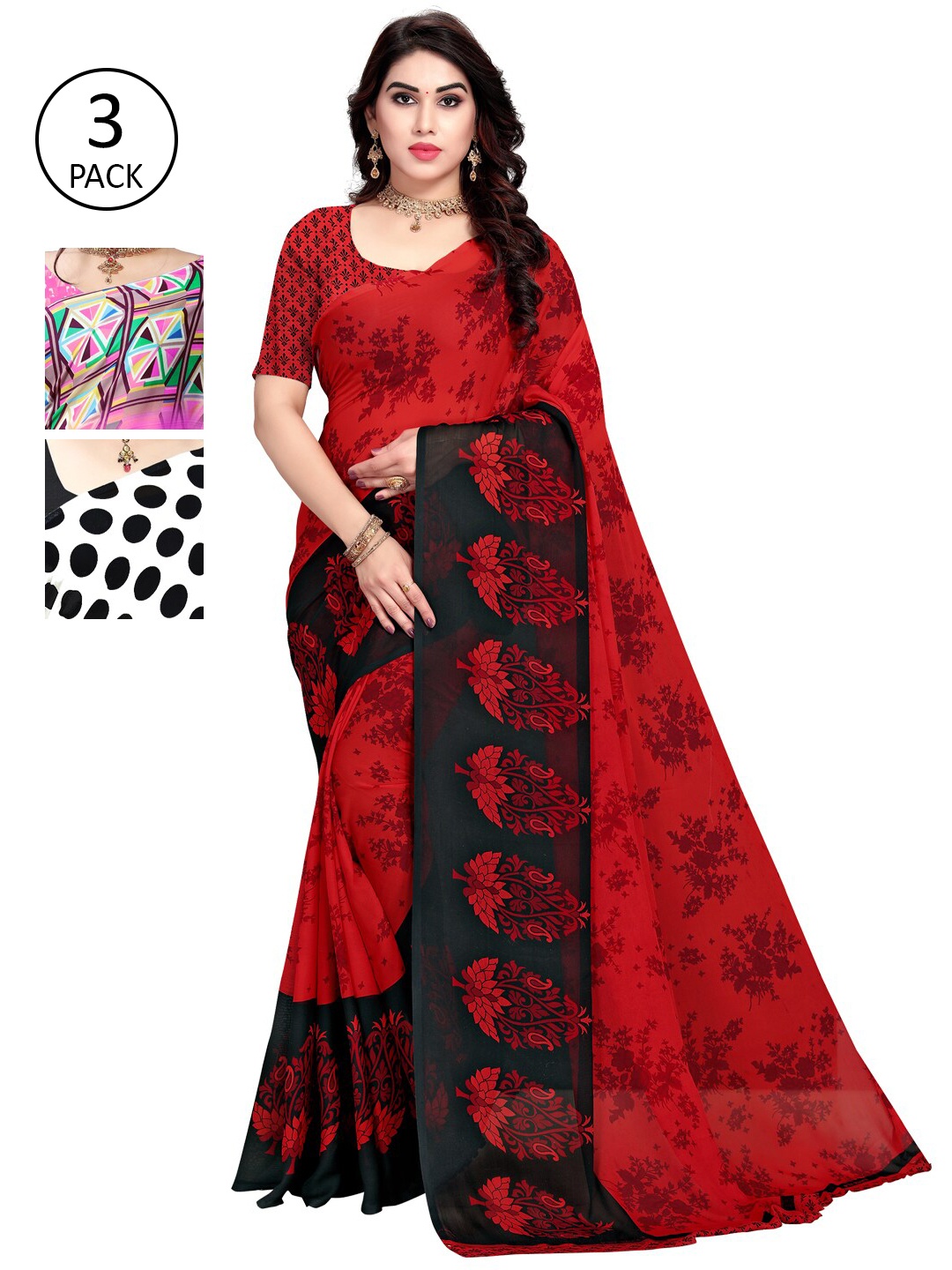 

KALINI Pack of 3 Poly Georgette Saree, Pink