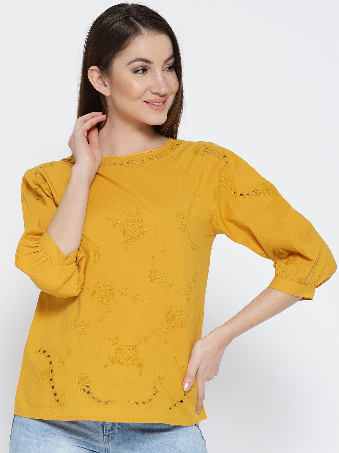 

SCOUP Women Mustard Pure Cotton Schiffli Embroidered Regular Top