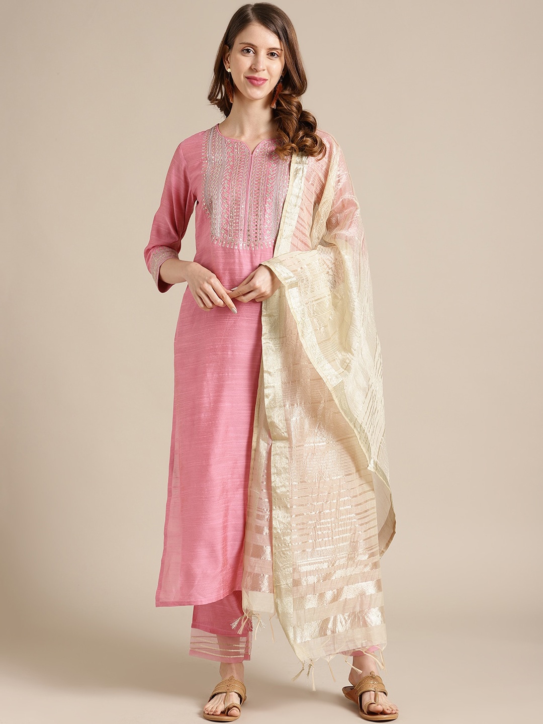 

Varanga Women Pink & Gold Coloured Yoke Design Kurta With Trousers & Dupatta