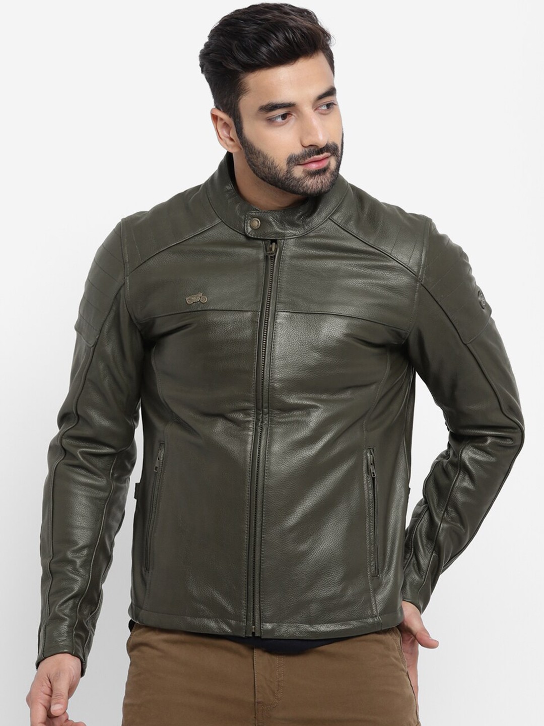 

Royal Enfield Men Green Leather Biker Jacket