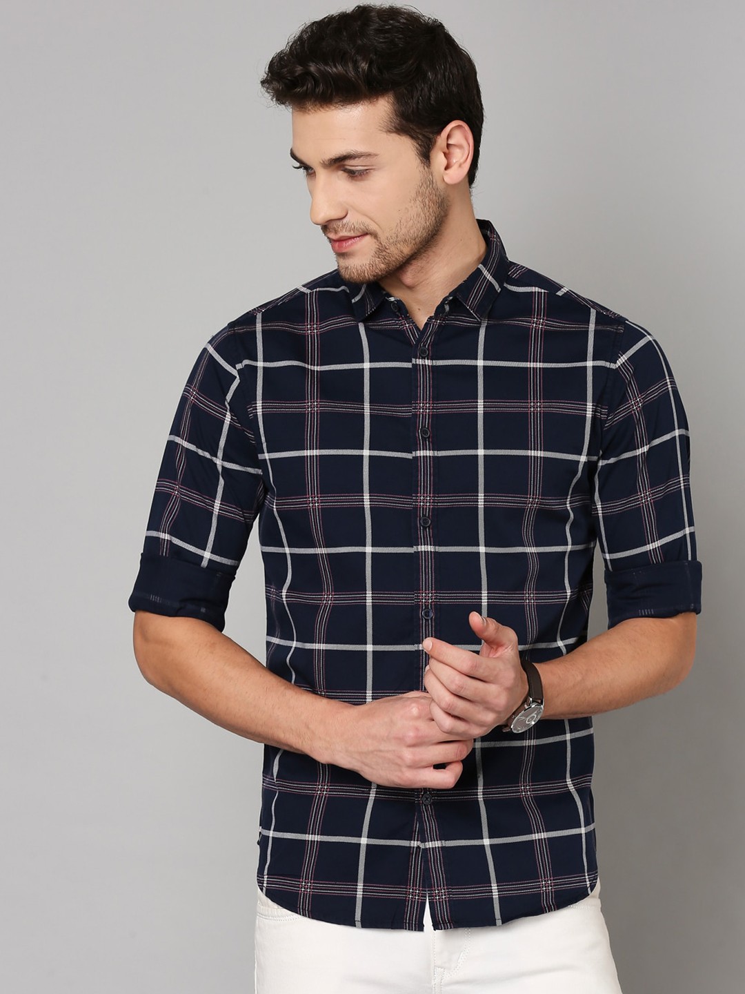 Dennis Lingo Men Navy Blue Slim Fit Windowpane Checked Casual Shirt