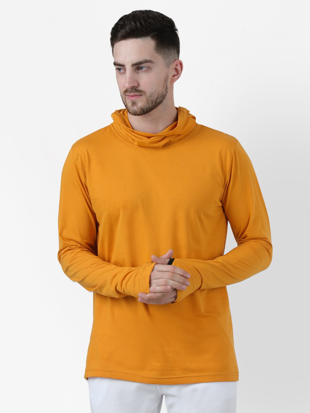 

PAUSE SPORT Men Mustard Yellow Turtle Neck Slim Fit Mask T-shirt