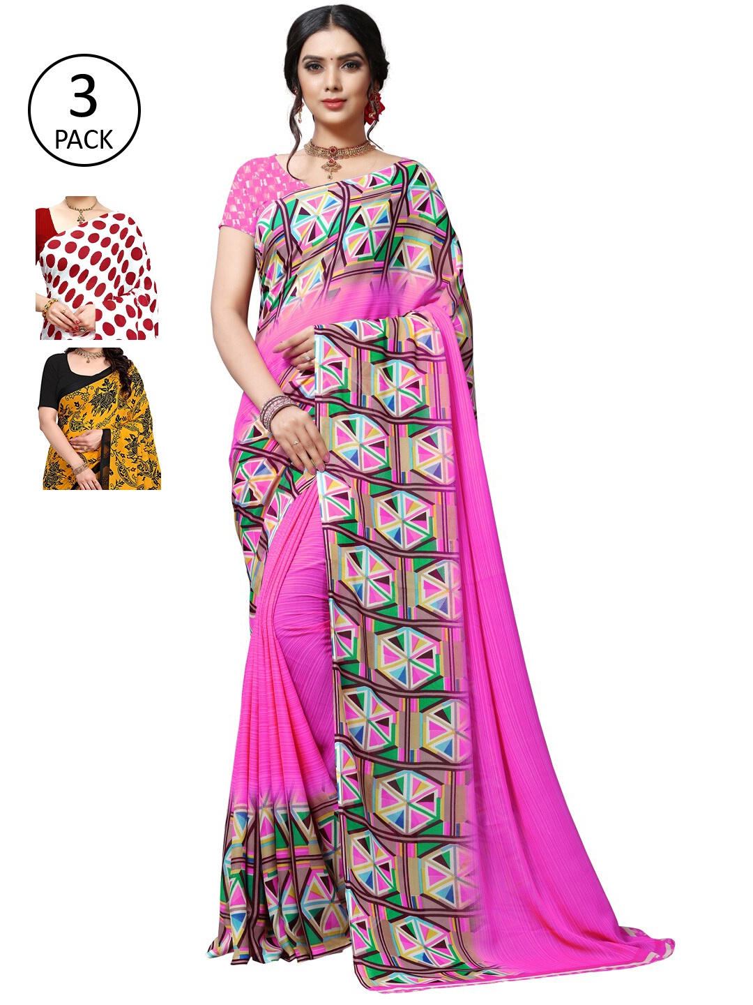 

KALINI Pack of 3 Poly Georgette Saree, White
