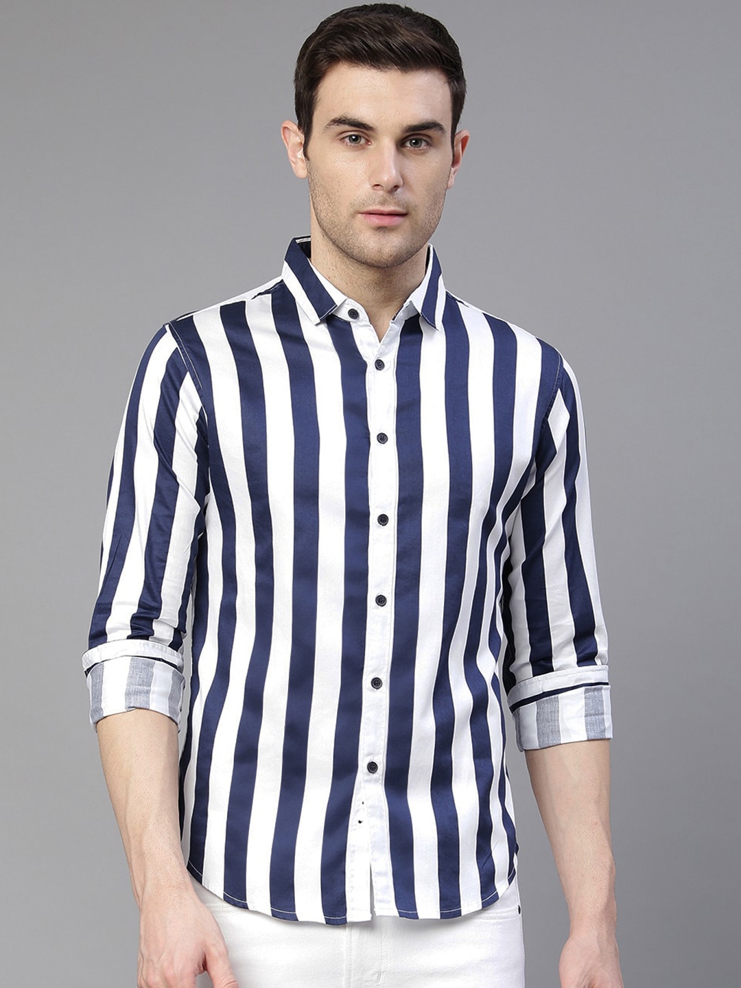 

Dennis Lingo Men Navy Blue Slim Fit Striped Casual Shirt
