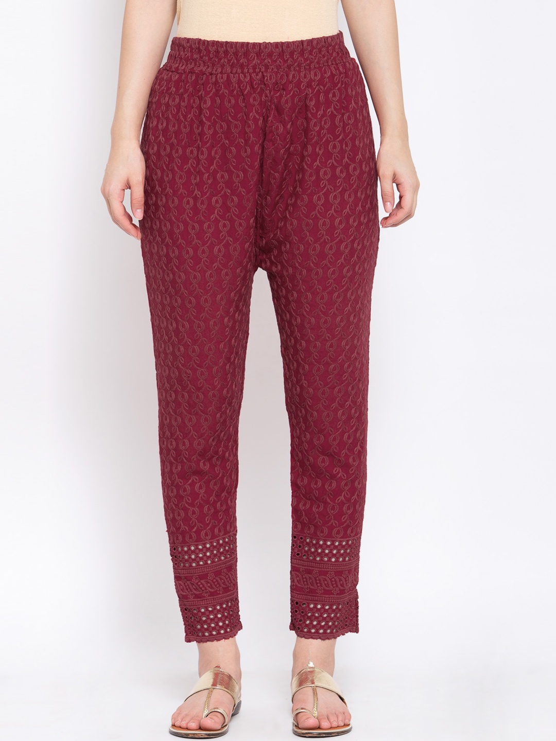 KLOTTHE Women Maroon Embroidered Slim Fit Cotton Trousers