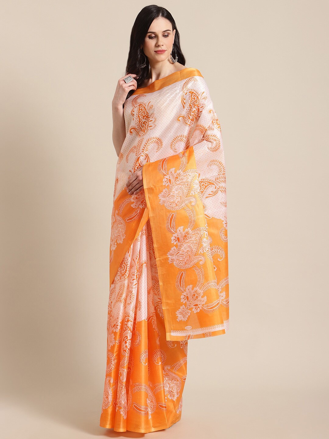 

KALINI Orange & White Ethnic Motifs Block Print Poly Silk Saree