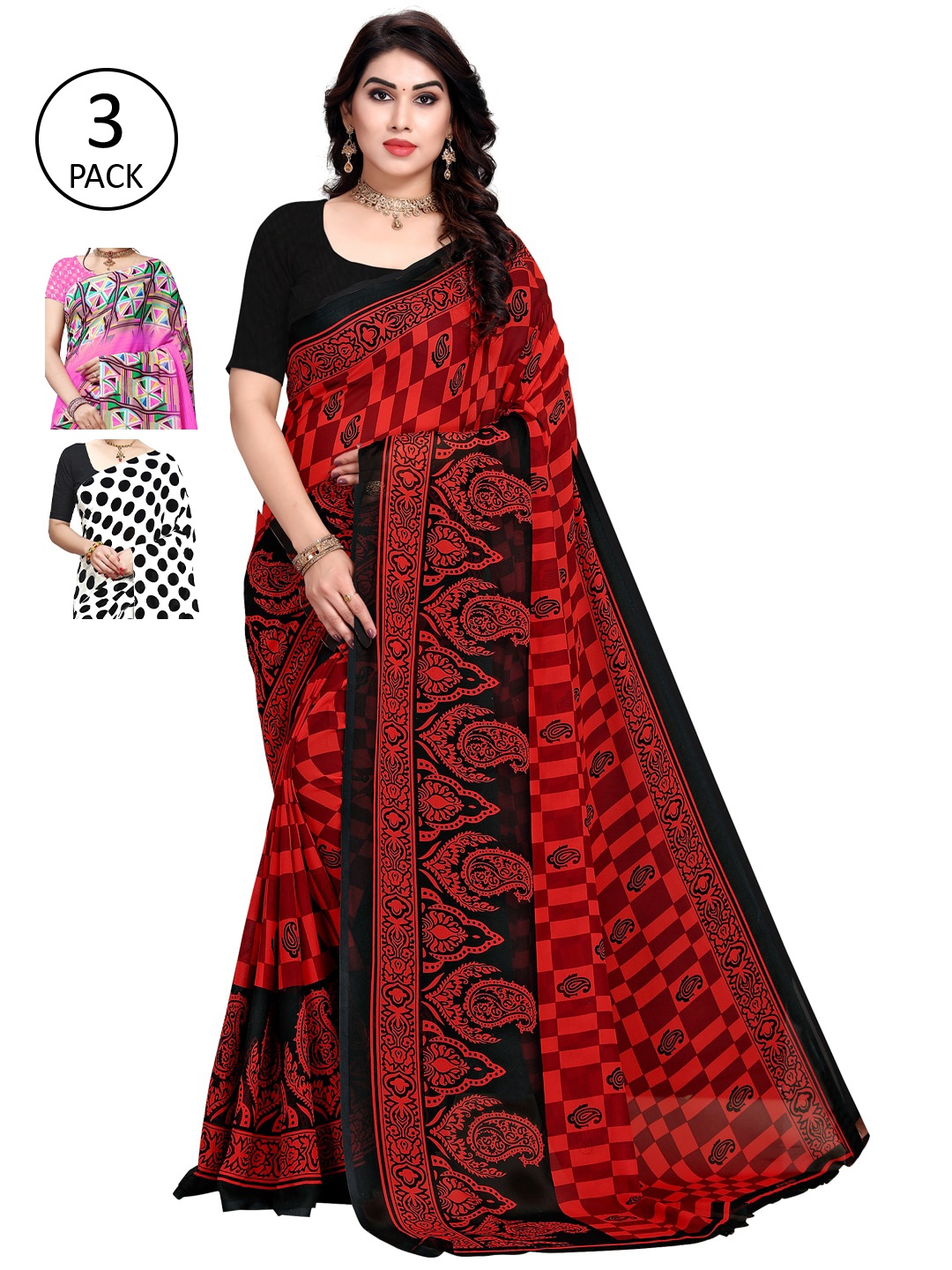 

KALINI Multicoloured Set of 3 Poly Georgette Saree, Multi