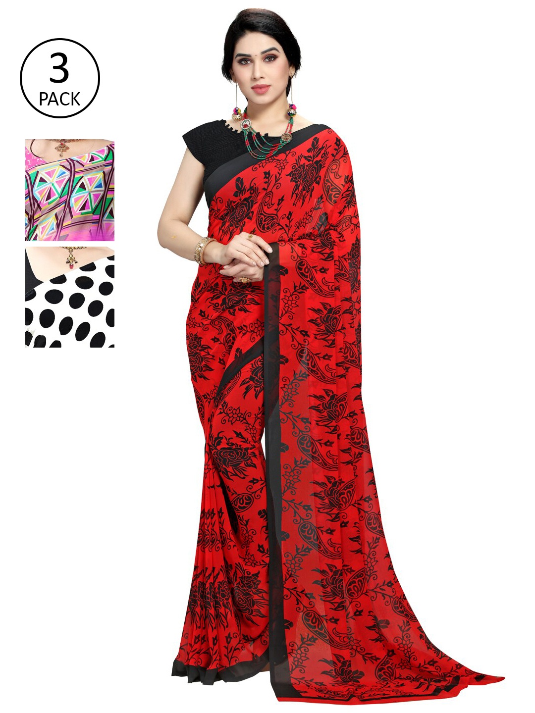 

KALINI Red & White Pack of 3 Printed Saree