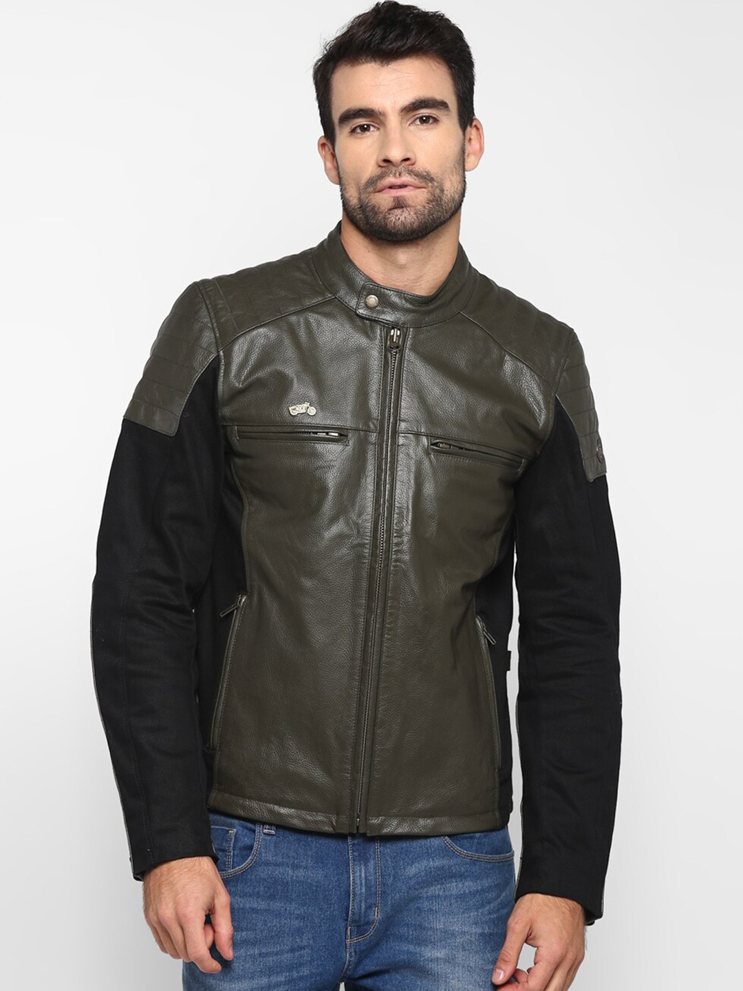 

Royal Enfield Men Kayak Green Geometric Leather Jacket with Patchwork