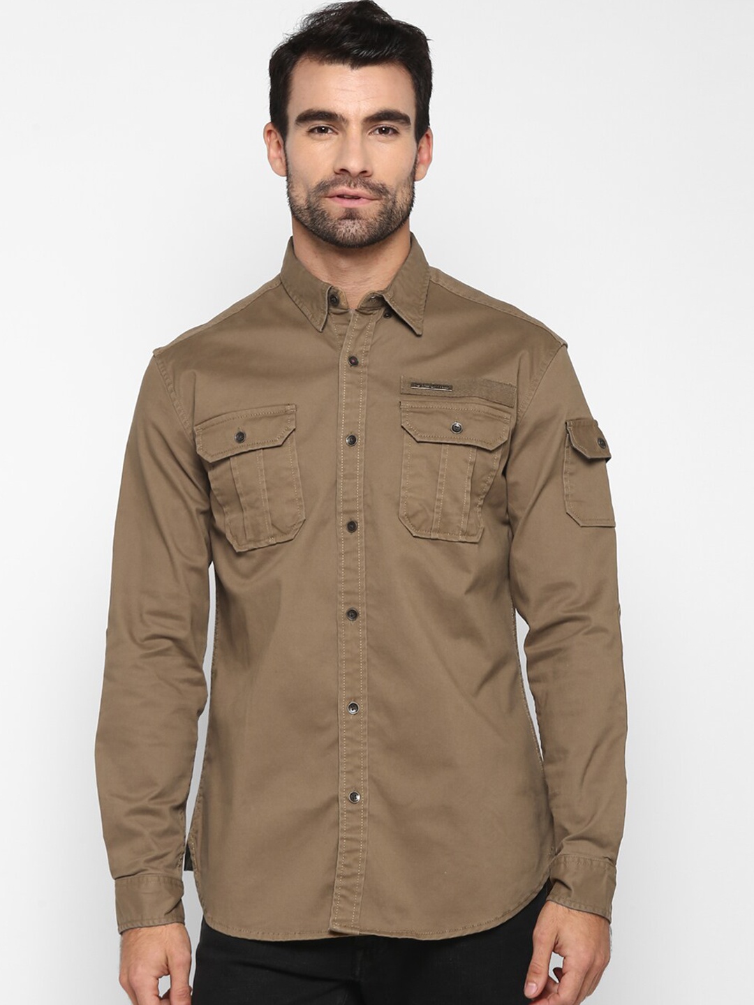 

Royal Enfield Men Khaki Solid With Box Pockets On Chest & Shoulder Casual Shirt