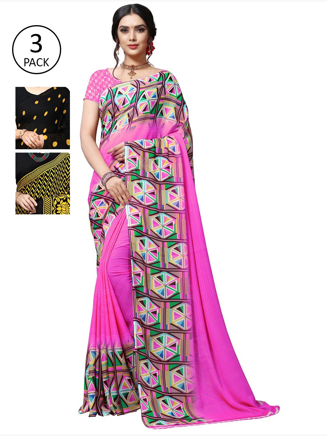 

KALINI Multicoloured Set of 3 Poly Georgette Saree, Multi