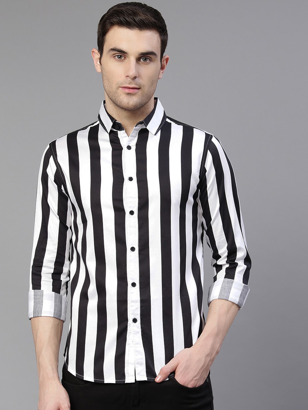 

Dennis Lingo Men Black Vertical Striped Slim Fit Cotton Casual Shirt