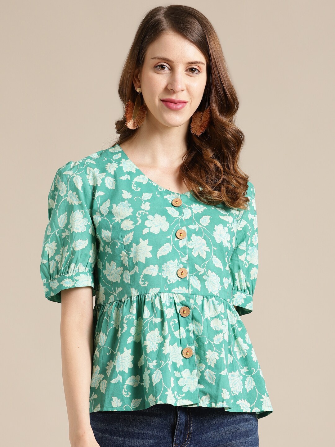 Varanga Green Floral Printed Puff Sleeve Cinched Waist Top