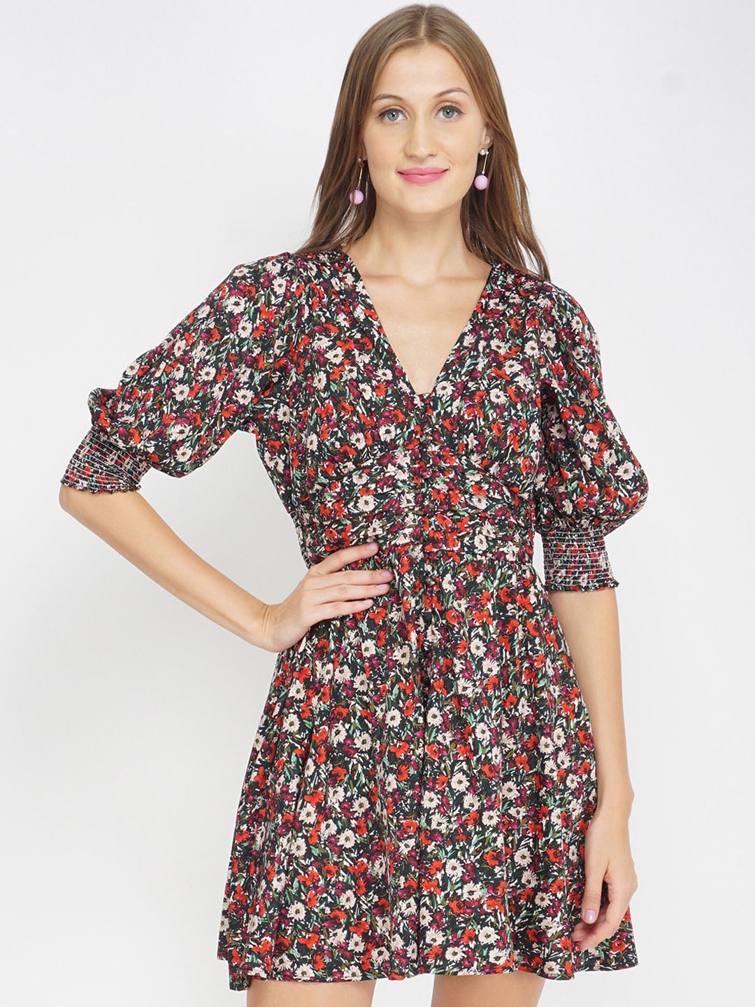 

Oxolloxo Olive & White Floral Satin Above Knee A-Line Dress