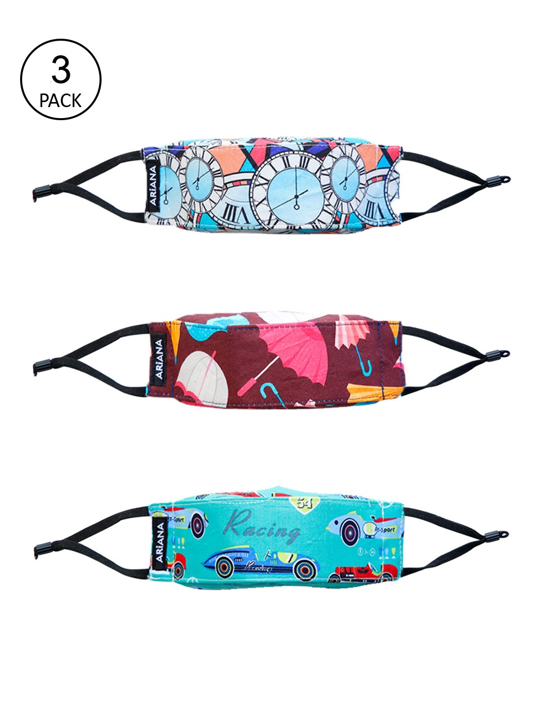 

Ariana Pack Of 3 Printed SSMMS Filter Reusable Pure Cotton Protective Outdoor Masks, Blue