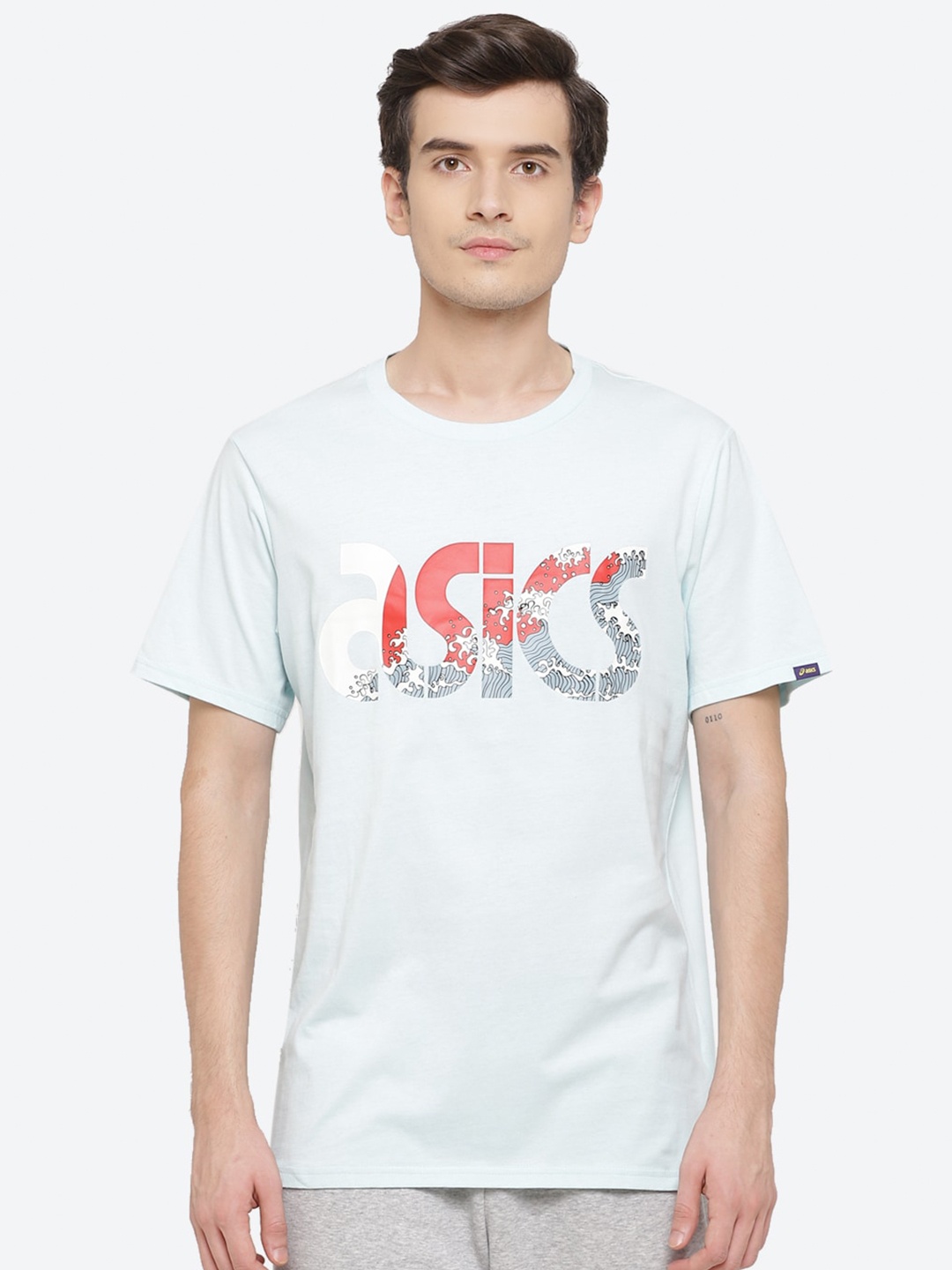 

ASICS Jsy Jpn BL SS Men Turquoise Blue Typography Printed Walking T-shirt