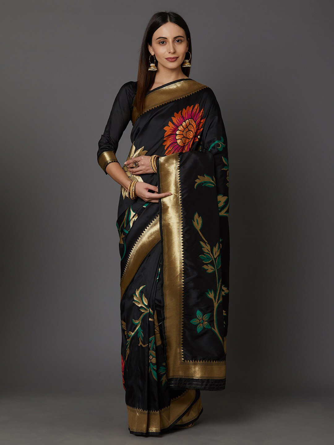 

Mitera Black & Orange Floral Zari Silk Blend Banarasi Saree