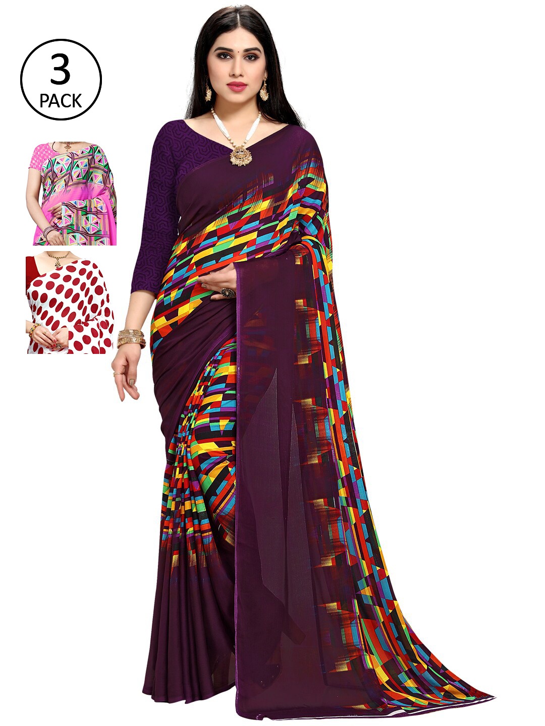 

KALINI Pack of 3 Poly Georgette Saree, White