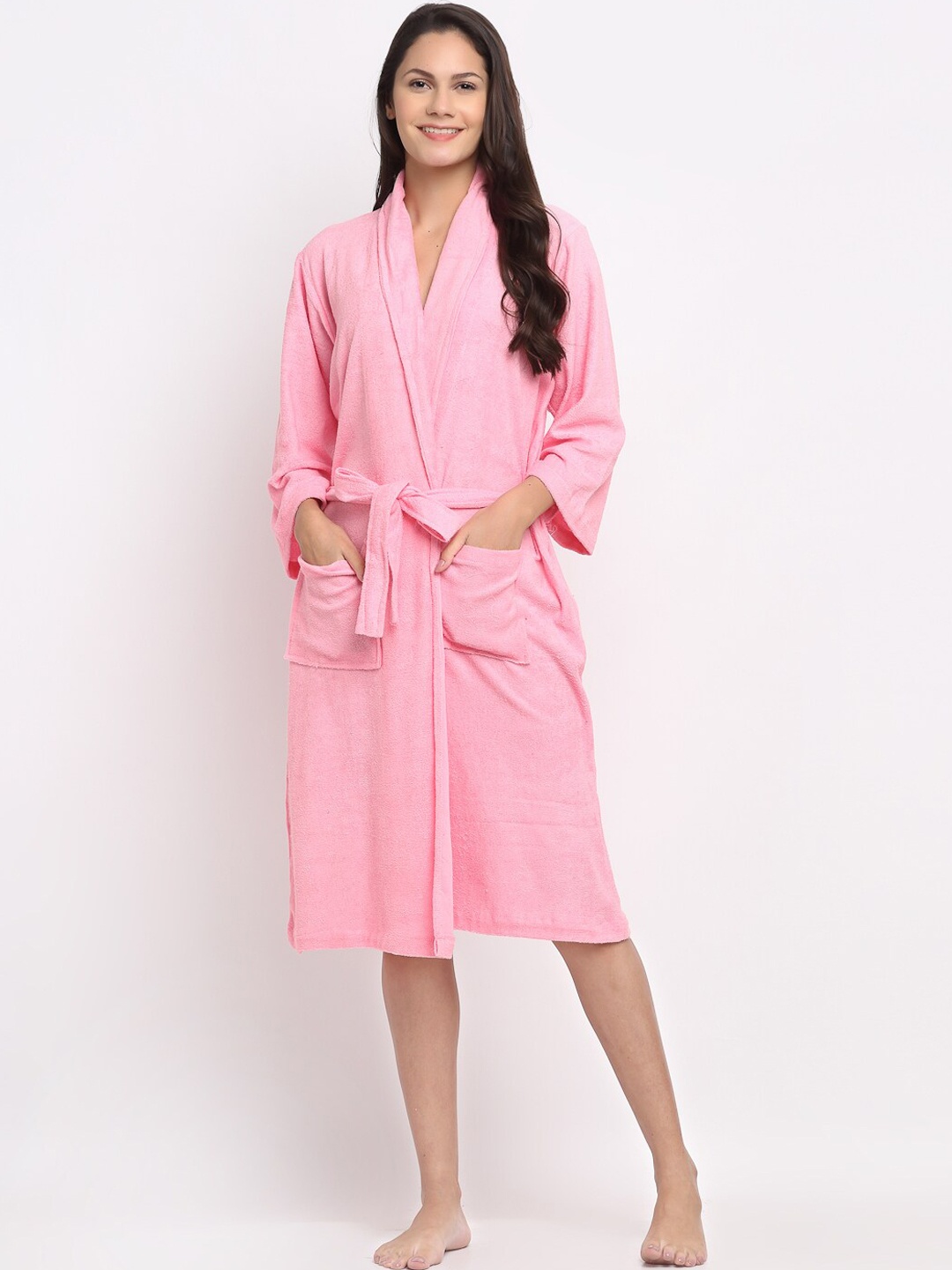 ELEVANTO Women Pink Solid Cotton Bathrobe