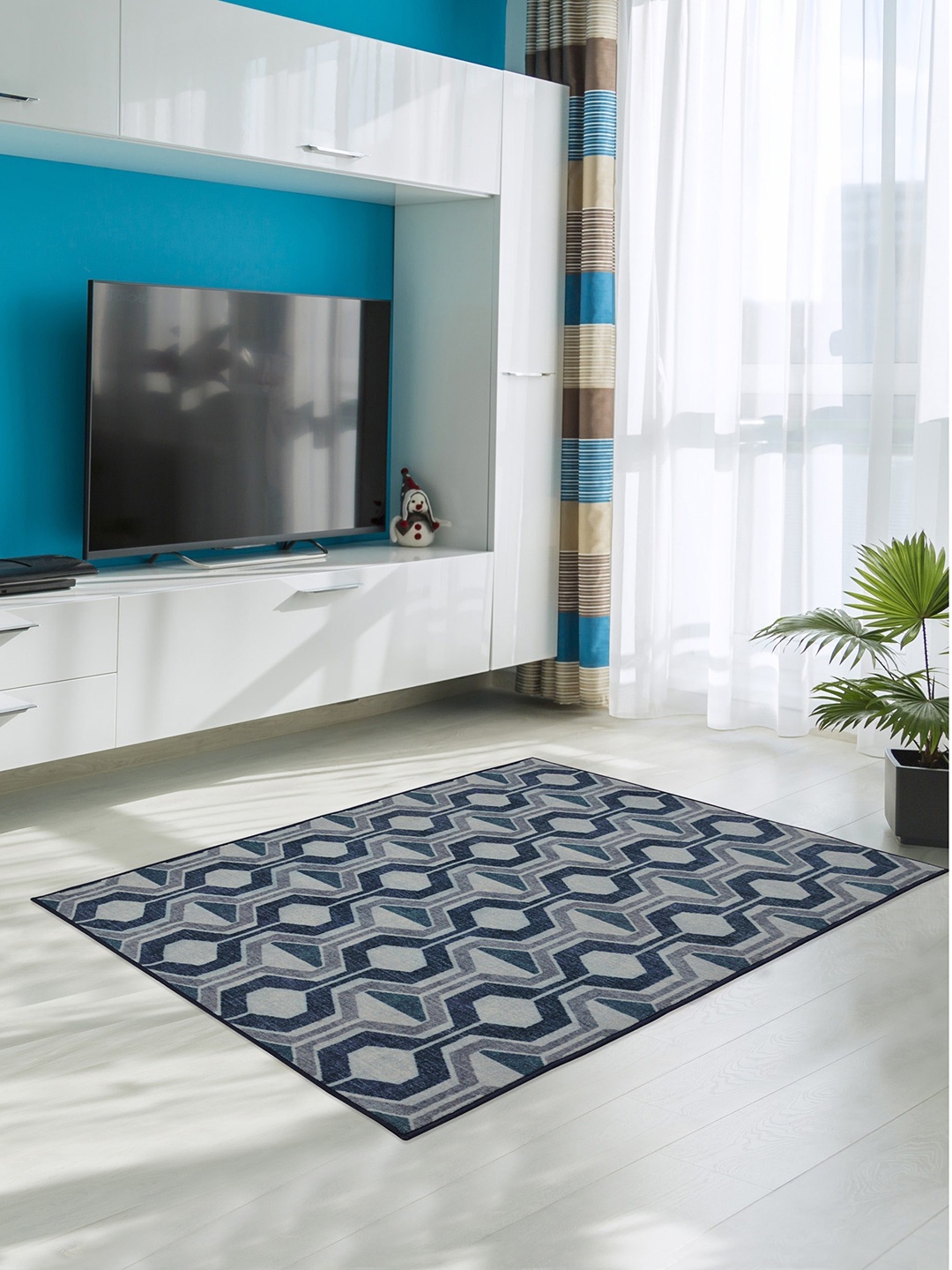 

RUGSMITH Blue & Grey Geometric Printed Light Anti-Skid Carpet