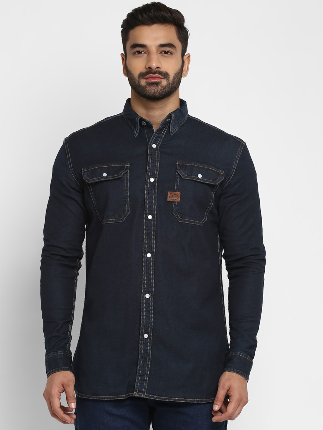 

Royal Enfield Men Blue Denim Casual Shirt