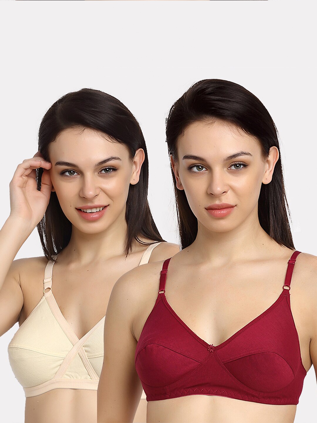 

Friskers Beige & Maroon Set of 2 Balconette Bra Full Coverage