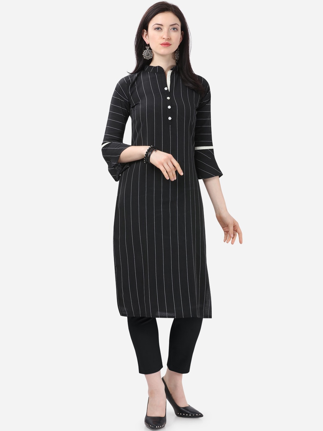 

Kvsfab Women Black Striped Bell Sleeves Kurta