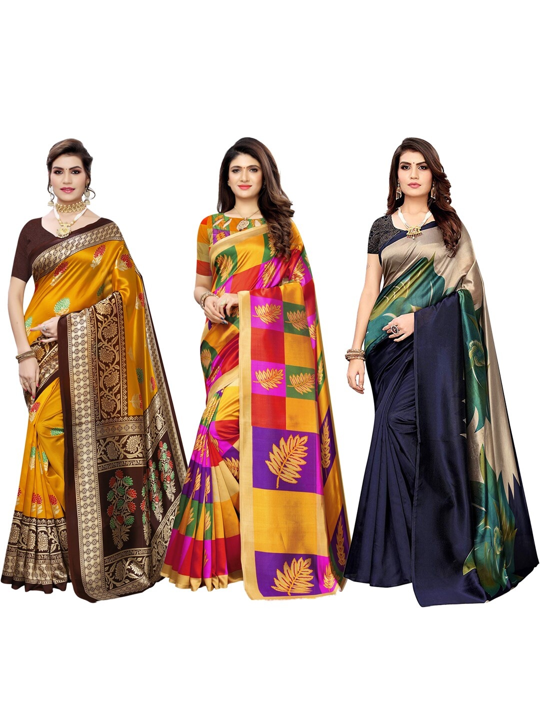 

KALINI Yellow & Beige Pack of 3 Zari Pochampally Sarees
