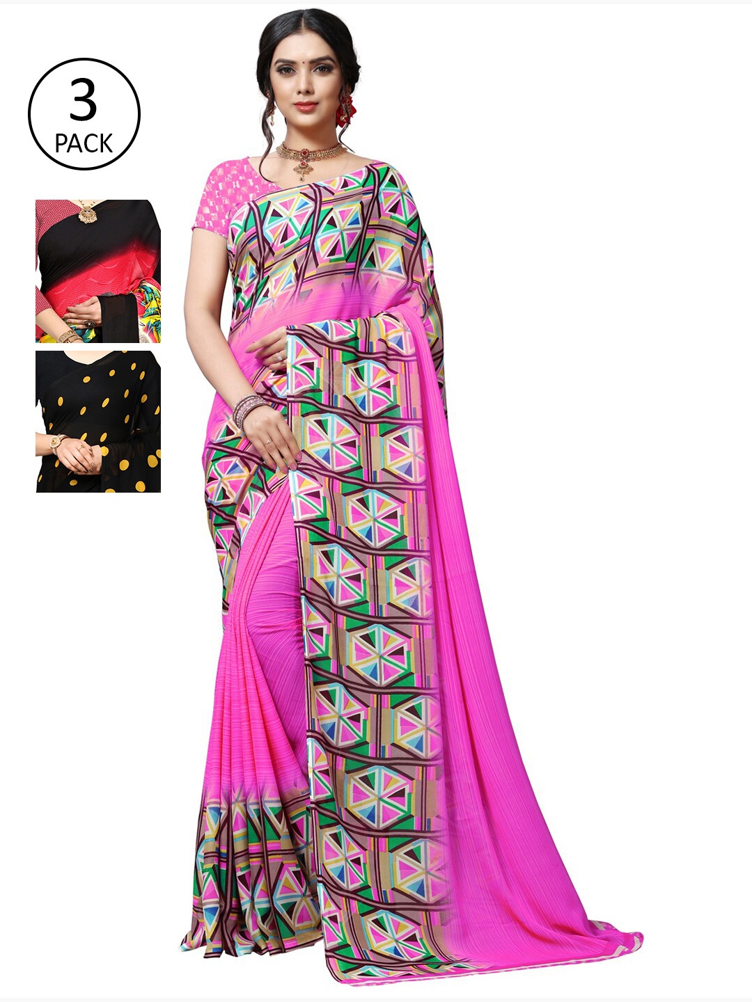 

KALINI Pack Of 3 Sarees, Red