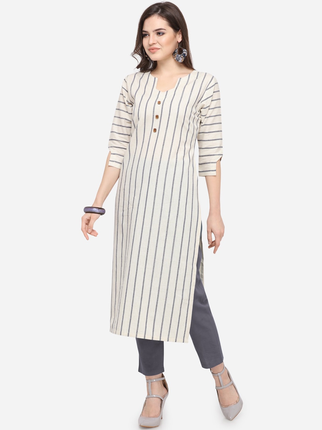 Kvsfab Women Off White & Grey Coloured Striped Kurta
